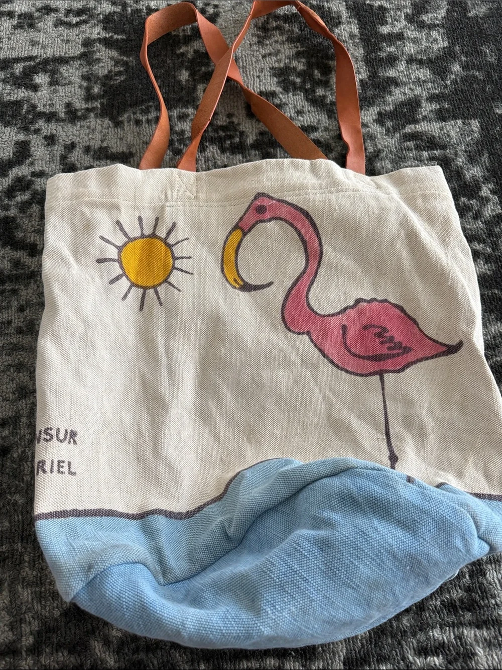 Canvas Flamingo Tote Bag with Brown Leather Straps